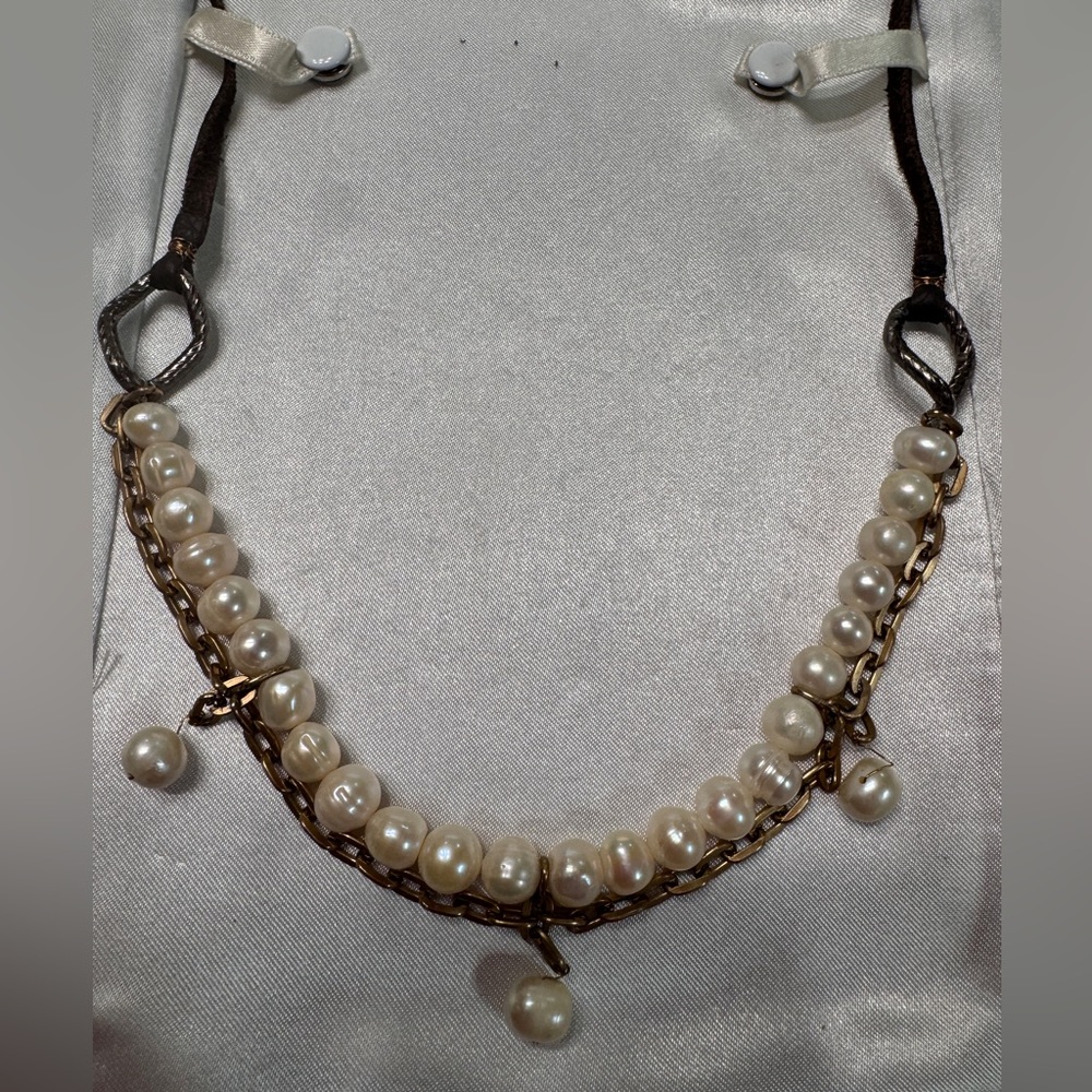 Freshwater Pearl Leather and Gold Chain Necklace, Lebanese origins